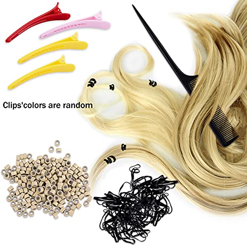 Hair Extension Kit,Sonku Pliers Pulling Hook Bead Device Tool Kit 200 Pcs Black Silicone Lined Micro Rings Beads 2 Pcs Combs 5 Pcs Silver Metal