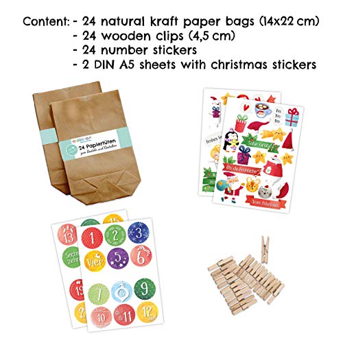 Papierdrachen DIY Advent Calendar for Filling - 24 Gift Bags and 24 Number Stickers and Clips - Colourful Motif with Scrapbook Stickers - for DIY - Christmas - Mini Set 190