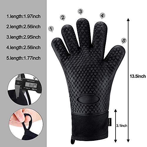 Oven Gloves, Heat Resistant Cooking Gloves Silicone Grilling Gloves Long Waterproof BBQ Kitchen Oven Mitts with Inner Cotton Layer for Barbecue, Cooking, Baking