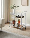 VASAGLE Bar Cart Silver, Home Bar Serving Cart, Wine Cart with 2 Mirrored Shelves, Wine Holders, Glass Holders, for Kitchen, Dining Room, Silver ULRC090E62, 15''Dx35.4''Wx33.9''H