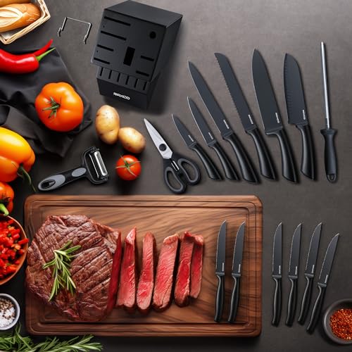 RAXCO Knife Set, Kitchen Knife Set,Knife Block Set, Chef Knife Set with Block for Kitchen, Black Knife Set,Steak Knives,Knife Sharpner,Black…