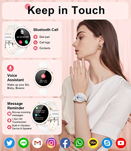 LIGE Smart Watch for Women Bluetooth Call, 2023 Newest Smartwatch with Heart Rate Sleep Monitor,100+ Sports, Message Reminder, IP68 Waterproof Sports White Leather Ladies Smart Watch for Android iOS