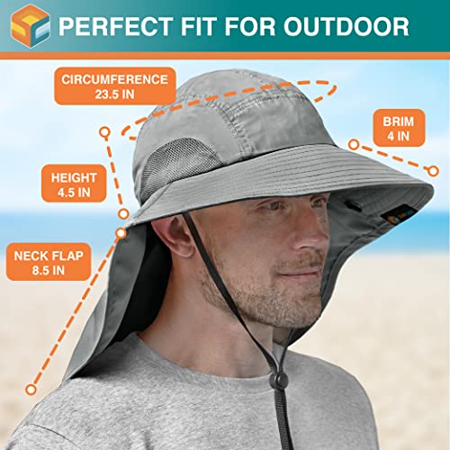 SUN CUBE Wide Brim Sun Hat with Neck Flap, UPF50+ Hiking Safari Fishing Hat  for Men Women, Sun Protection Beach Hat, Gray, One Size