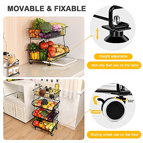 Fruit Vegetable Storage Basket, 4 Tier Stackable Metal Wire Storage Baskets with Wheels, Fruit Vegetable Produce Basket Organizer Bins for Kitchen, Pantry, Bathroom