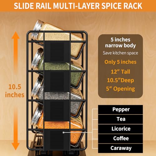 Spice Rack with 20 Jars,Metal Pull Out Spice Cabinet Storage Shelf 4 Tier Slide Seasoning Organizer Kitchen Storage Rack for Cabinet,Countertop,Pantry,Cupboard (Left Facing)