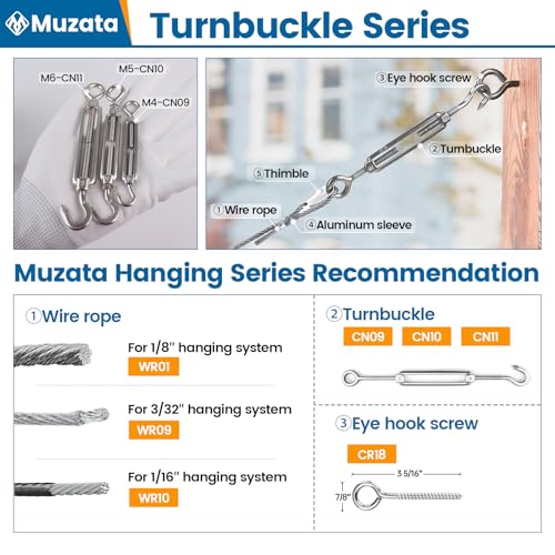 Muzata 5Pack M4 Turnbuckle Hook and Eye T304 Stainless Steel for Cable Railing Wire Rope Hardware Kit Tension Heavy Duty Hanging Sun Shade Sail String Light CN09