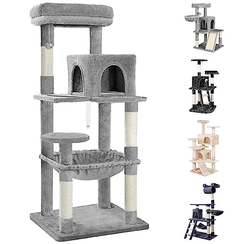 BEASTIE Cat Tree 143cm Multi-Level Cat Tower with Scratching Posts, Sisal-Covered Cat Scratcher Tower with Plush Perch, Cat Condo Play House Wood Furniture for Kittens Climbing and Rest(Light Grey)