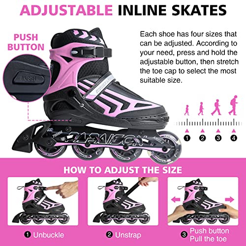 ITurnGlow Kids and Adults Adjustable Inline Skates with Full Light Up Wheels, Safe and Smooth Beginner Rollerblades for Girls and Boys, Men and Women