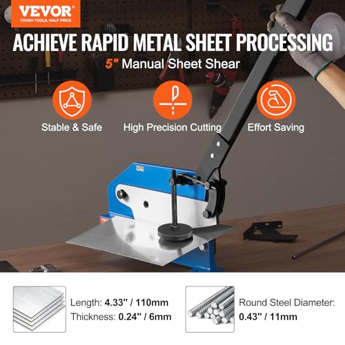 VEVOR Hand Plate Shear 5", Manual Metal Cutter Cutting Thickness1/4 Inch Max, Metal Steel Frame Snip Machine Benchtop 7/16 Inch Rod, for Shear Carbon Steel Plates and Bars