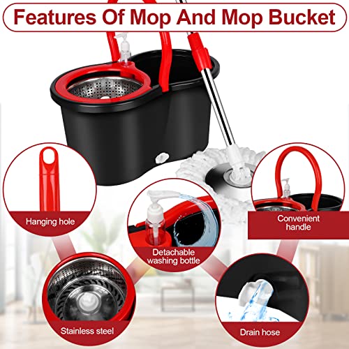 Spin Mop and Bucket with Wringer Set, 360° Spinning Mop Bucket System with 3 Microfiber Mop Replacement Heads and 61" Stainless Steel Adjustable Handle for Floor Cleaning (20QT)