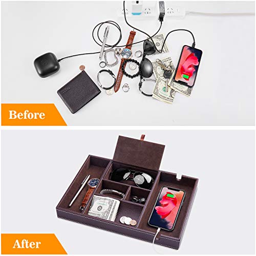 Mens Valet Tray, Leather Nightstand Organizer box with Charging Station for Men and Women,Catchall Tray EDC Dump Tray with 6 Compartments for Wallet Key Phone,Brown