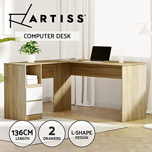 Artiss Computer Desk 136cm Particle Board Desktop Oak White Office Corner Laptop Desks Shelf Study Student Table L Shape, Home Gaming Furniture for Room, with 2 Drawers