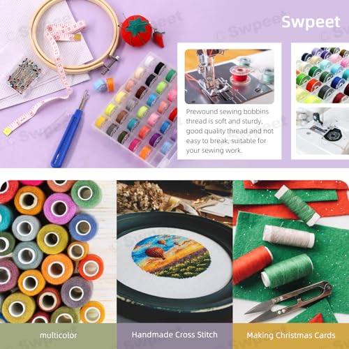 Swpeet 72Pcs 36 Colors Bobbins Sewing Threads Kit, Prewound Bobbins and Thread Spools per Polyester Sewing Thread Spools for Sewing Machine, Sewing Supplies for Hand, Travel, DIY and Home