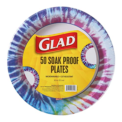 Glad Everyday Round Disposable 8.5” Paper Plates with Tie Dye Design | Heavy Duty Soak Proof, Cut-Resistant, Microwavable Paper Plates for All Foods & Daily Use | 8.5 Inches, 50 Count