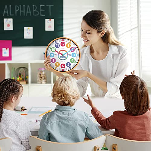 Homotte Kids Wall Clock for Bedroom, 10 Inch Round Multi-Colored Battery Operated Learning Clock, Children's Silent Analog Non-Ticking Educational Wall Clock for Boys and Girls Classroom Home Decor