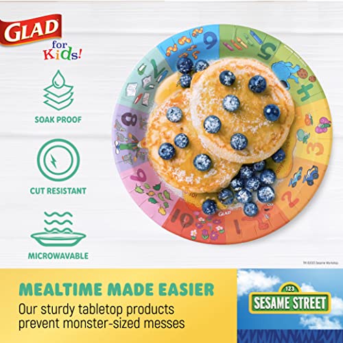 Glad for Kids Sesame Street Paper Plates Preschool Curriculum Style with Lessons & Questions, 8.5” Round, 48ct | Sesame Street Paper Plates, Kids Disposable Plates | Elmo Paper Plates