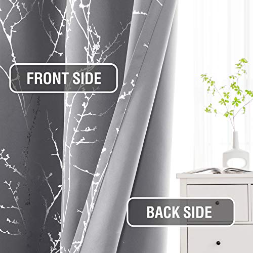 Smarcute Blackout Curtains Foil Print Twig Tree Branch Thermal Insulated Grommet Curtain Drapes Light Blocking Thick Soft Window Curtains for Living 2 Panels Set,Each W132cm x D160cm，Grey