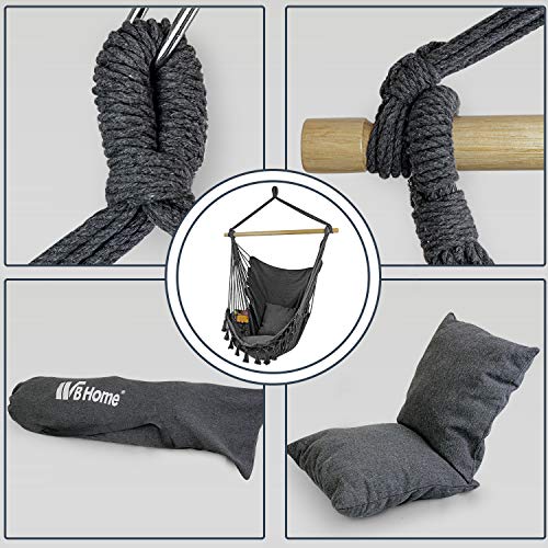 WBHome Extra Large Hammock Chair Swing with Hardware Kit, Hanging Macrame Chair Cotton Canvas, Include Carry Bag & Two Soft Seat Cushions, for Bedroom Indoor Outdoor, Max. Weight 330 Lbs (Grey)