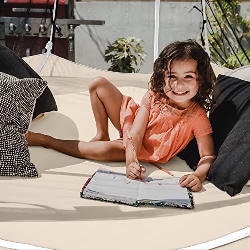 Hangout Pod Free-Hanging Transportable Circular Family Hammock Bed/Hanging Chair/Porch Swing for Garden, Deck, Lawn, Patio and Camping. Cream & White