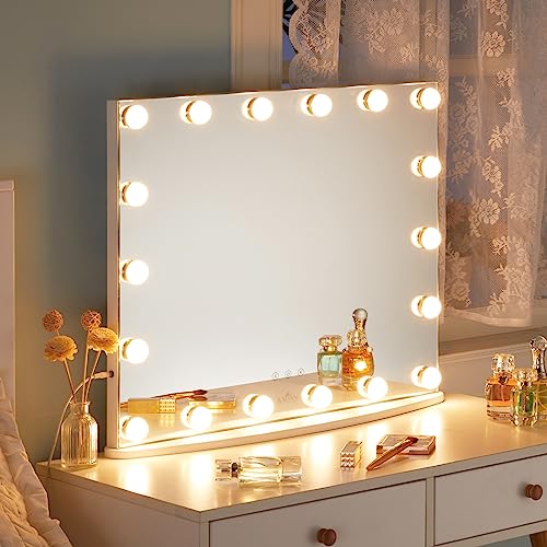 LUXFURNI Vanity Mirror with Makeup Lights, Large Hollywood Light up Mirrors w/ 18 LED Bulbs for Bedroom Tabletop & Wall Mounted