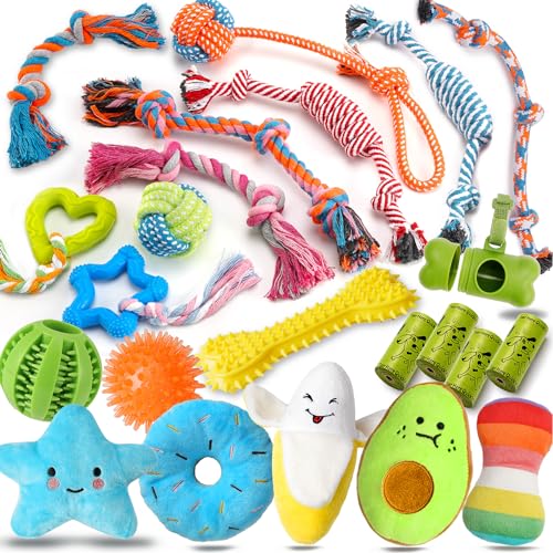 Zeaxuie 20 Pack Luxury Dog Chew Toys for Puppy, Cute Small Dog Toys with Ropes Puppy Chew Toys, Treat Ball and Squeaky Puppy Toys for Teething