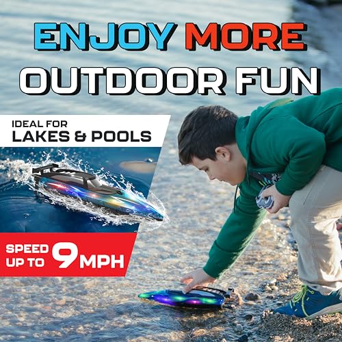 Remote Control Boat for 8-12 and Up – With LED LIGHTS – for Pool and Lake - RC Boats for Kids 8-12 - 2.4 GHZ Remote Controlled Boat- Electric Boat Rechargeable Battery – Remote Control Water Toys