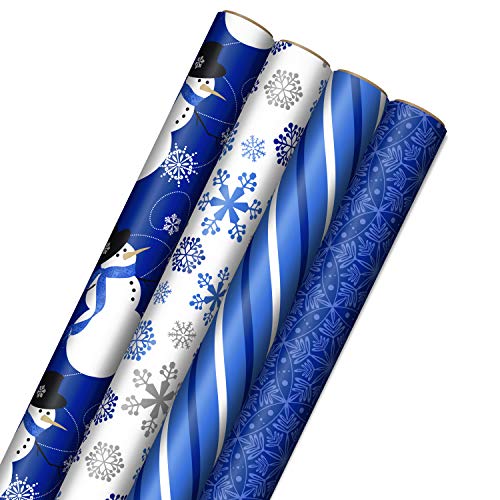Image Arts Blue Christmas Wrapping Paper with Cut Lines on Reverse (4 Rolls: 120 sq. ft. TTL) Snowmen, Snowflakes, Blue and White Stripes