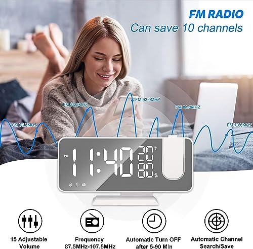 Projection Digital Alarm Clock for Bedroom, Beedove FM Radio Alarm Clock, Dual Alarm Clock with 3 Dimmer,Snooze,Timer,180°Rotatable Ceiling Projection Alarm Clock for Home Decor, Desk, Office, White