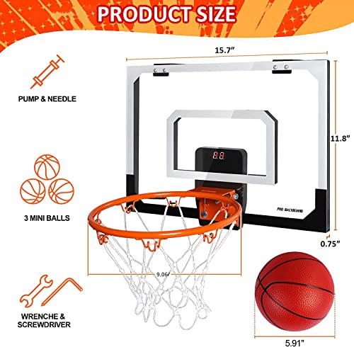 Basketball Hoop Indoor with Scoreboard, Cheer Sound Effect, 3 Balls, 2 Play Modes, Over The Door Mini Basketball Hoop for Kids Adults, Gift Package