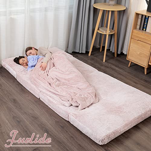 Furlide Foldable Bean Bag Bed, Folding Sofa Bed with Blanket, Foam Filling Wall Sofa Bed, Faux Fur Sleeper Sofa Couch Bed for Bedroom/Living Room/Balcony (Pink)