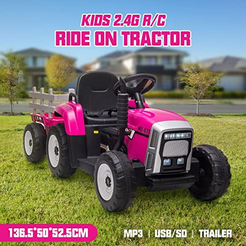 Kids Farm Tractor Electric Ride On Toys Ride On Tractor Ride On Car 2.4G R/C Remote Control Cars w/Trailer Garden - Neon Pink