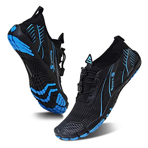 Water Shoes for Men Barefoot Quick-Dry Aqua Sock Outdoor Athletic Sport Shoes for Kayaking, Boating, Hiking, Surfing, Walking, M-black/Blue, 12 Women/11 Men