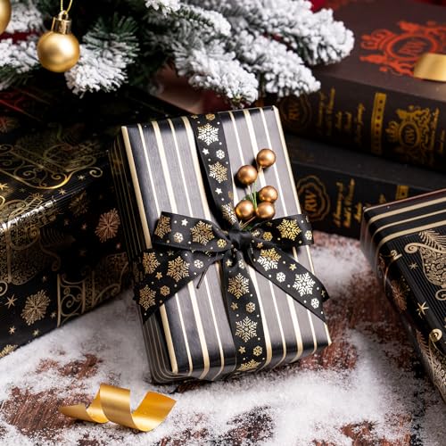 WRAPAHOLIC Reversible Christmas Wrapping Paper - Mini Roll - 17 Inch X 33 Feet - Black and Gold Sleigh Stripe with Metallic Foil for Chrsitmas, Holiday, Party Celebration Black & Gold - Seigh