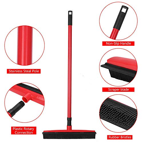 Rubber Broom for Dog Cat Pet Hair Car Windows Handle Sweeper Squeegee Floor (Red)