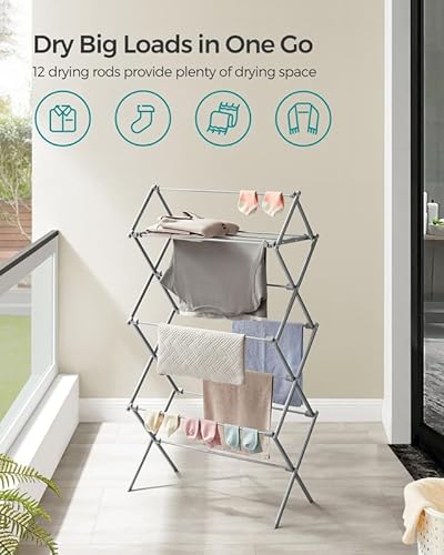 SONGMICS Foldable Clothes Drying Rack, Laundry Drying Rack, Clothes Airer, Steel Frame, 14.6 x 29.5 x 53.2 Inches, Easy Assembly, Indoor Outdoor Use, Gray ULLR770G01