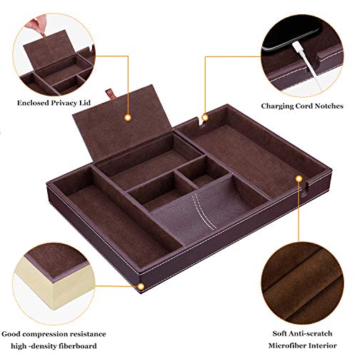 Mens Valet Tray, Leather Nightstand Organizer box with Charging Station for Men and Women,Catchall Tray EDC Dump Tray with 6 Compartments for Wallet Key Phone,Brown