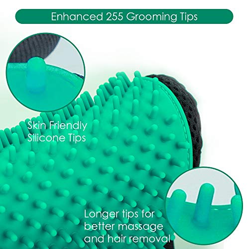 Pet Hair Remover Gloves, Enhance Pet Grooming Glove with 255 Tips, Deshedding Glove for Dog and Cat, 1 Pair Left & Right Gentle De-Shedding Glove Brush, Green