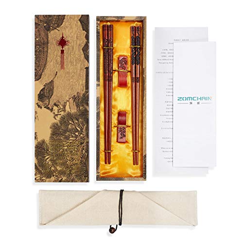 Zomchain Chopsticks Dragon and Phoenix with Holder and Carrying Bag Chinese Gift Set 2 Pairs Red