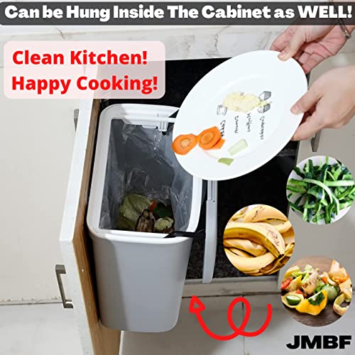 JMBF - Hanging Trash Can for Kitchen Cabinet Door with Lid,Garbage Can for Bathroom/Cupboard/Bedroom/Office -Wall Mounted Counter Waste Compost Bin-Mountable Indoor Compost Bucket | 2.4 Gallon-(Gray)