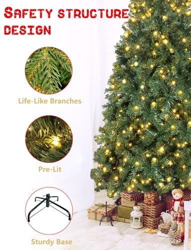 YouMedi 6.5ft Pre-Lit Artificial Holiday Christmas Spruce Tree with Lights - Premium Hinged Tree for Home, Office, Party Decoration - Metal Hinges & Foldable Base