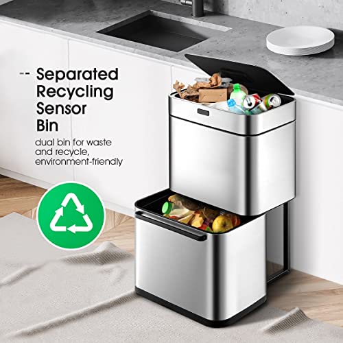 Maxkon 80L Dual Rubbish Kitchen Bin with Motion Sensor Recycle Bin Stainless Steel Waste Trash Can Silver