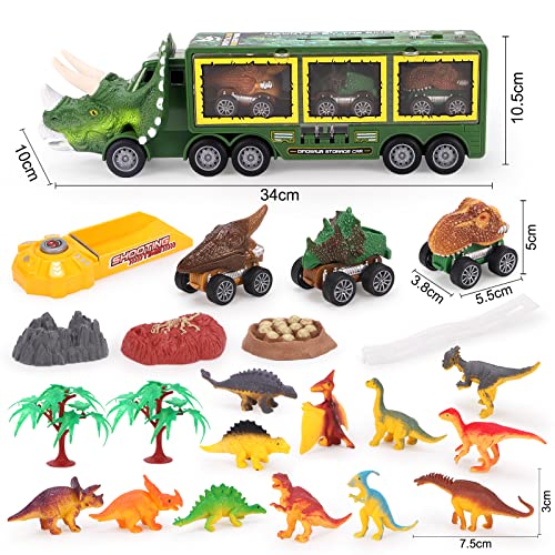 PELOSTA Dinosaur Toys for 3 4 5 6 7 Year Old Kid Boy Girl, Dinosaur Carrier Truck with Lights, Music & Roaring Sound, 3 Pull Back Cars, 12 Dinosaur Figures, Educational Toy Gift for Kids 3-8 Years Old