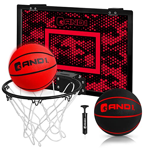 AND1 Mini Basketball Hoop: 18”x12” Pre-Assembled Portable Over The Door with Flex Rim, Includes Two Deflated 5” Mini Basketball with Pump, for Indoor, Red/Black