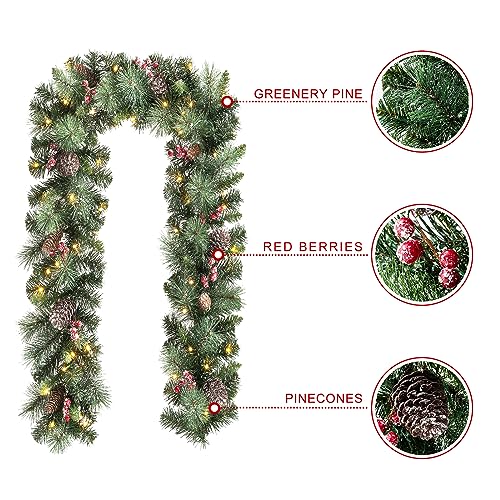 Glitzhome 2PK 6FT Glittered Pinecones and Berries Christmas Garland with 50 Warm White Lights and Timer for Christmas Holiday Party Hanging Decorations