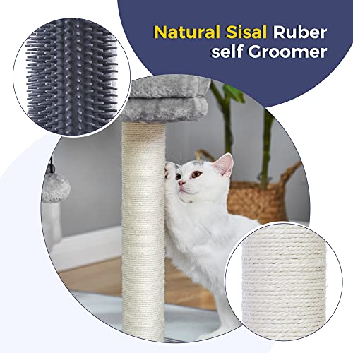 MeowSir Cat Tree 4 in 1 Cat Scratching Post Featuring with Cat Self Groomer Wide Large Top Perch Natural Scratching Post and Danging Ball for Indoor Cats-Grey