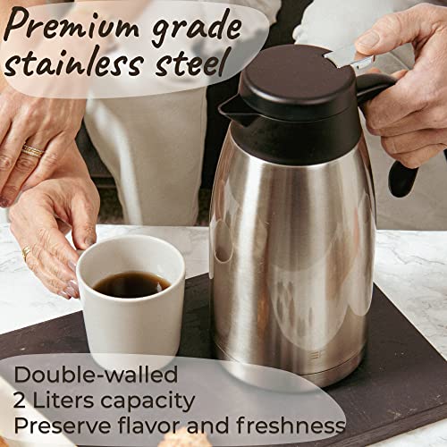 (ONE DAY SALE) Thermal Coffee Carafe Stainless Steel Jug - Heavy Duty 24hr Lab Tested Heat Retention 2 Liter 68oz Insulated Coffee Thermos Water & Beverage Dispenser Premium Grade Thermal Pot by Pykal