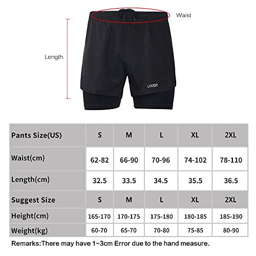 Lixada Men's 2-in-1 Running Shorts Quick Drying Breathable Active Training Exercise Jogging Cycling Shorts, Black, Large