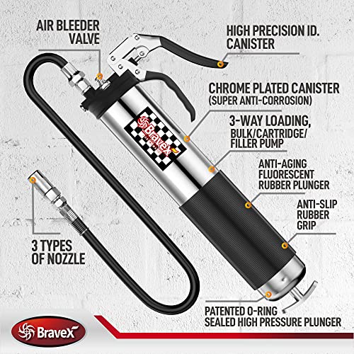 Bravex Heavy Duty Professional Pistol Grip Grease Gun 6000 PSI - 18 inch Flex Hose …