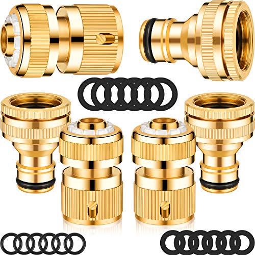 Outus 6 Pieces Brass Hose Tap Connectors 1/2 Inch and 3/4 Inch 2-in-1 Faucet Adapter 1/2 Inch Garden Hose Quick Connector with 18 Pieces Sealing Ring Shower Hose Washer for Garden Hose Pipe Tube