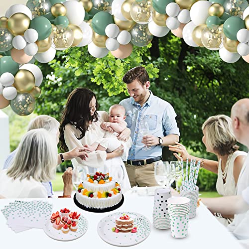 Sage Green Party Paper Plates Cups and Napkins Set, 24 Guest Green Party Supplies, Party Tableware with Balloon Arch,Tablecloth for Birthday, Baby Shower, Wedding, Jungle Safari Party Decoration